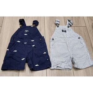 Oshkosh Bigosh Overall Shorts  12 Months Set Of 2 Blue w‎ Sharks & Gray Stripes